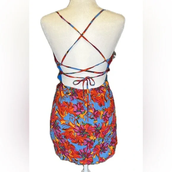 Lost + Wander Hydra Springs Red Blue Floral Wrap Mini Dress Strappy M Medium